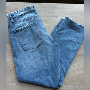 Zara TRF Distressed Straight Leg High Waist Blue Jeans